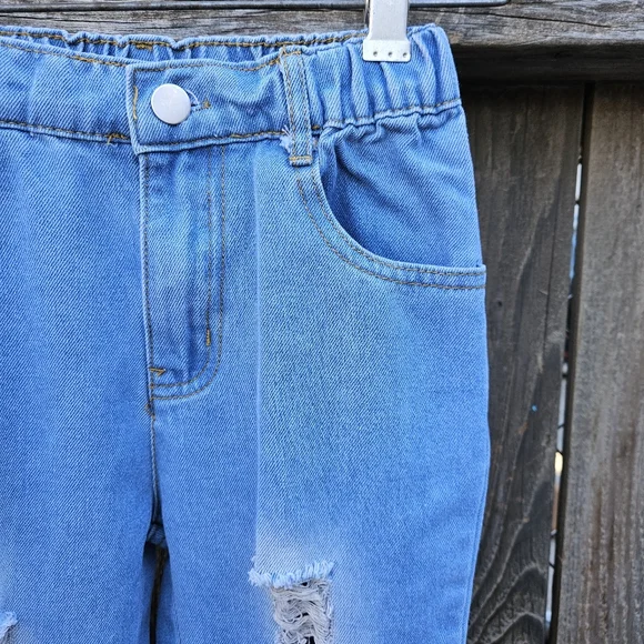Girls Ruffle Flare Distressed Jeans - Blue 8Y - Picture 3 of 16